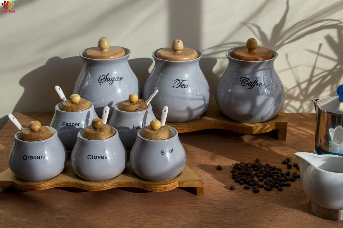 سرویس پا سماوری و جا ادویه نسترن 8 پارچه چوبی طوسی