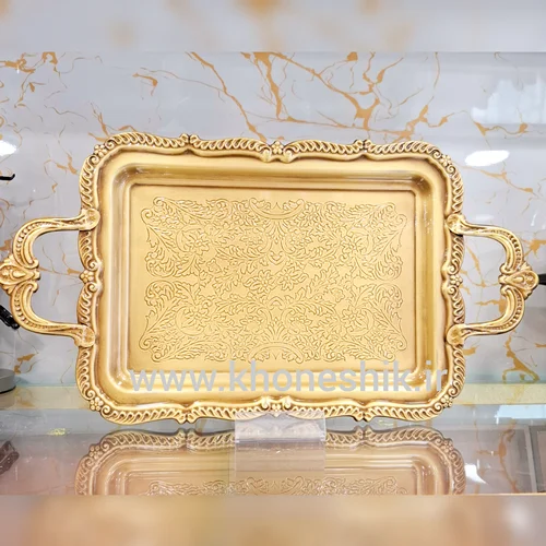سینی چهار گوش دسته دار  فلزی آبکاری آنتیک لب کنگره (کد کالا 02071210)