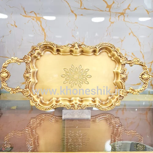 سینی گرد دسته دار دسته دار  فلزی آبکاری آنتیک لب کنگره (کد کالا 02071211)